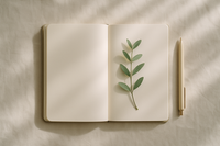 A serene flat-lay of a journal open on a clean linen surface, with a pen placed neatly beside it. A single sprig of greenery rests across the page. Soft natural light streams in, creating gentle shadows. The mood is calm, minimal, and intentional, with muted colors in ivory, sage, and beige.