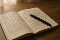 An open journal with visible handwritten notes on cream paper. A pen rests across the page. The handwriting is natural and imperfect, not staged. The background is simple — a wooden table with soft light coming through. The atmosphere should feel real, heartfelt, and authentic.