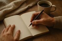 Two hands gently resting near each other on an open journal, one holding a pen as if about to write. A cup of coffee and soft fabric are in the background. Natural light creates intimacy. The image should feel warm, genuine, and inviting, with muted earth tones.
